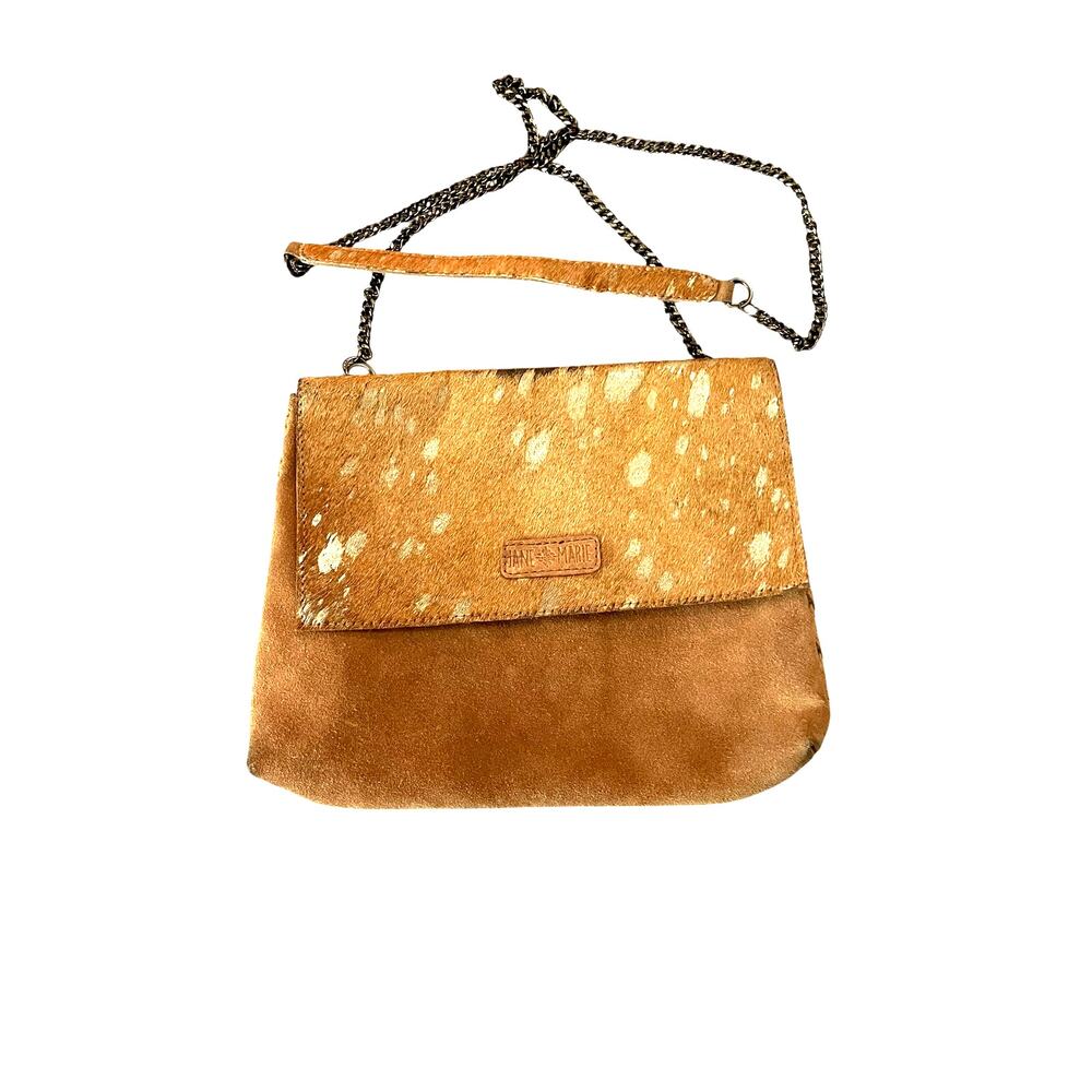 Jane Marie Purse GUC Brown Suede Spotted Cowhide Chain Strap Flap Crossbody Bag